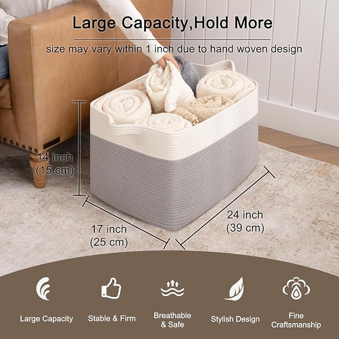 OIAHOMY 95L Blanket Basket, 24”x17”x14”, Large Woven Baskets for Storage, Nursery Cotton Rope Basket with Handle, Living Room, Nursery, Bedroom,Toy Baskets Organizer Bins, Grey & White