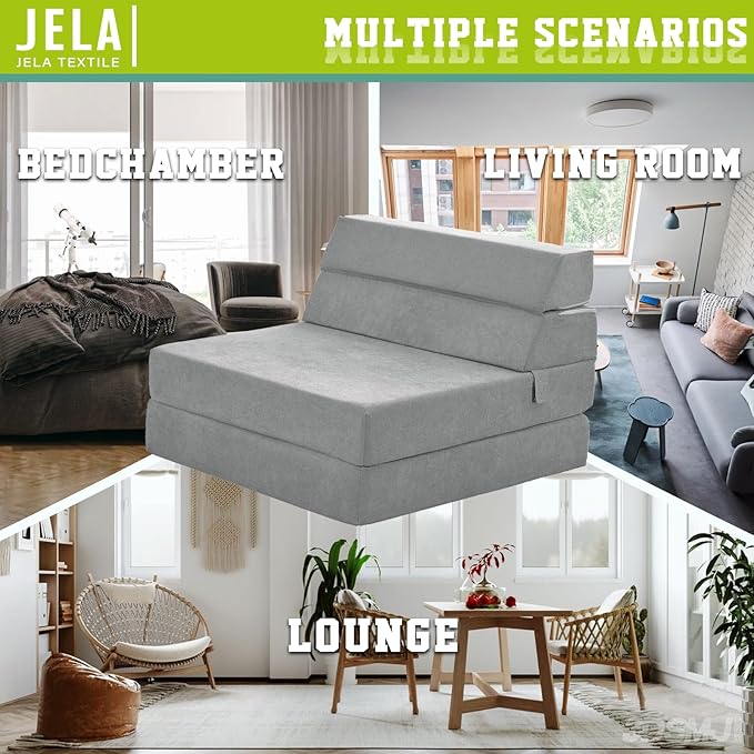jela Foldable Sofa Bed Soft Foam Convertible Sleeper Chair Luxury Miss Fabric Fold Out Chair Bed Floor Couch with Back Support Floor Sofa for Living Room Bedroom (83"x33",Light Grey)