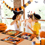 Plastic Placemats Set of 6 Halloween Table Mats - Trick or Treat Kitchen Decor - Wipe Clean, Washable, Recyclable - Orange Place Mats for Indoor/Outdoor - Heat Resistant - Kitchen/Dining Table