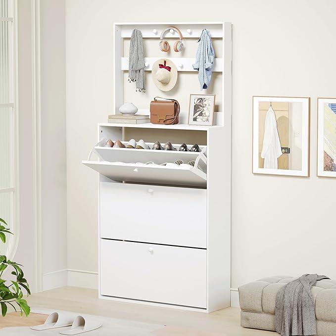 Shoe Cabinet with 3 Flip Drawers, Narrow Shoe Cabinet with 9 Hooks Coat Rack, Freestanding Shoes Storage Cabinets with Adjustable Shelves for Entryway, Hallway, Living Room, White