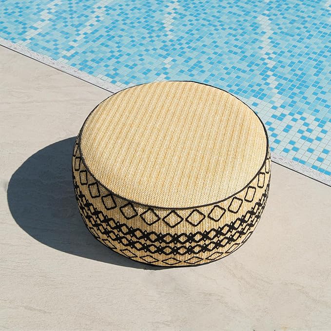 Outdoor Inflatable Ottoman with Air Pump, Embroidery Patio Footrest Stool D21”x H9”, Round Pouf Ottoman with Portable Handle Suitable for Garden, Camping, Bedroom, Living Room