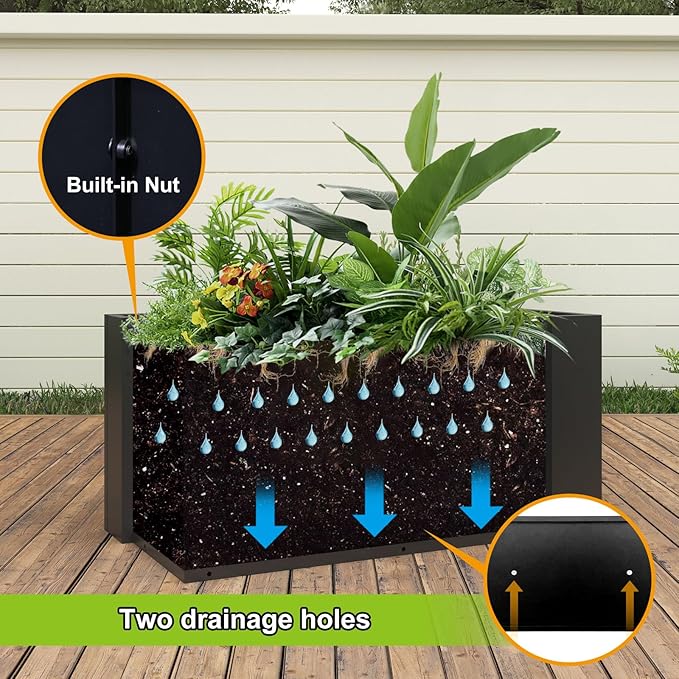 Galvanized Steel Planter Black Metal Outdoor Planter Powder Coated 32" x 12" x 16" Pot Metallic Heavy Pot Indoor & Outdoor, Commercial & Residential (L32 x W12 x D16, Black)