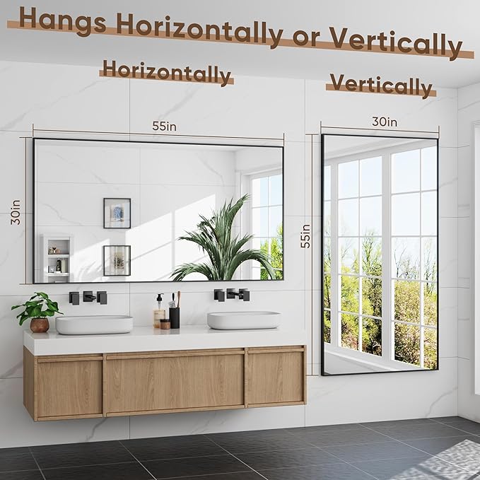 Bathroom Mirror 55" x 30", Large Rectangle Wall Mirror, Black Metal Frame Wall Mounted Mirrors for Bathroom, Vanity, Bedroom, Entryway Decor(Horizontal/Vertical)