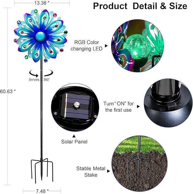 Solar Wind Spinners, 60.63" Outdoor Metal Stake Yard Wind Sculpture,Solar Powered Multi-Color LED Glass Ball with Kinetic Wind Spinners for Yard and Garden Lawn Patio Decor