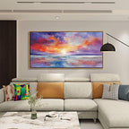 DUNHUANG ART Vibrant Ocean Sunset Canvas Wall Art - Beach Decor & Sunrise Poster - Red Scenery Poster for Living Room & Bathroom - 24"x48"