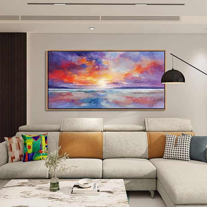 DUNHUANG ART Vibrant Orange Sunset Wall Art - Colorful Ocean Abstract Beach Decor for Living Room & Bathroom - Large Framed Coastal Seascape Picture - Ocean Sunrise Poster for Home Decoration 20"x40"