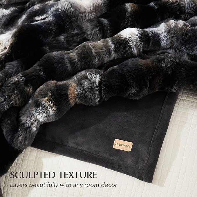 EVERGRACE Ultra Soft Luxury Fluffy Ridgeline Faux Rabbit Fur Bubble Throw Blanket, Thick Warm Fuzzy Throw for Bed, Cozy Plush Reversible Blanket for Couch,Charcoal Grey Heather, 50x60 Inches, 870 GSM