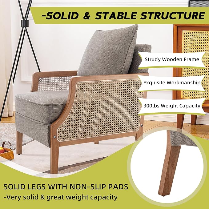 HAOBO Home Mid Century Modern Accent Chair Upholstered Living Room Chairs Armchair with Rattan Armrest Comfy Reading Chair with Wood Frame Lounge Side Chair with Waist Cushion