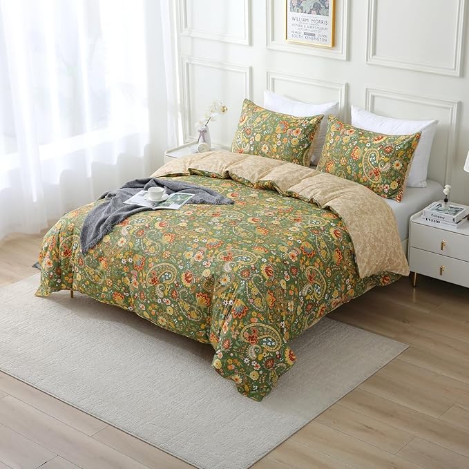 ABREEZE Paisley Bedding Sets 3Pcs Brushed Cotton Duvet Cover Set King Size Rustic Damask Green Floral Comforter Cover with Zipper Closure Boho Bedding Collections