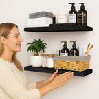 BGMG Wood Floating Shelves 24 inch, Wide Rustic Wooden Wall Shelves for Bathroom Living Room Bedroom Kitchen Farmhouse Set of 2-24x 6.7 x1.25 inch- Black