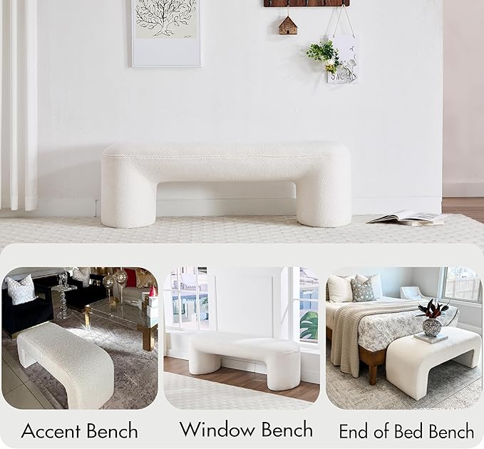 3-Piece 53" Comfy Upholstered Dining Bench with 2 Ottomans, Accent Waterfall Bench Modern End of Bed Entryway Bench Vanity Stool, White Chenille
