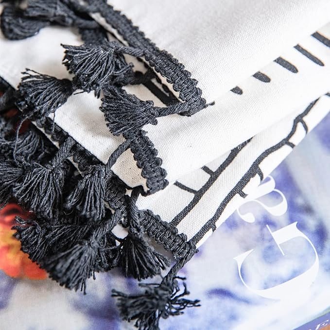 Sutuo Home Boho Curtain 84 Inches Length for Bedroom, Printed Cotton Linen Geometry Rod Pocket Chic Semi Blackout Bohemian Tassels Window Treatment for Living Room, 1 Panel 59" W x 84" L, Black