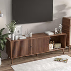 Mid Century Modern TV Stand for Televisions up to 70 Inches, with Sliding Doors and Storage, Television Stands, TV Consoles, Media Consoles for Living Room, 63 Inch (Walnut)