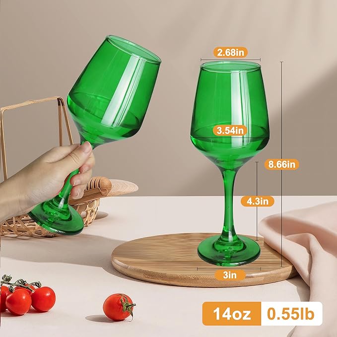 Green Wine Glasses Set of 6-14oz Long Stem Wine Glass, Pretty Crystal Glassware, Hand Blown Goblets Drinkware, Unique Stemware Wine Glass Holiday Gift Set
