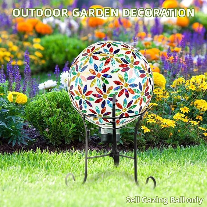 VOREEN Mosaic Glass Gazing Ball Outdoor Gazing Globe, Reflective Ball Yard Decoration for Homes, Patio, Lawn and Gardens, Gift for Mom Wife Friend, 10-Inch, Multi Colored Flowers Design