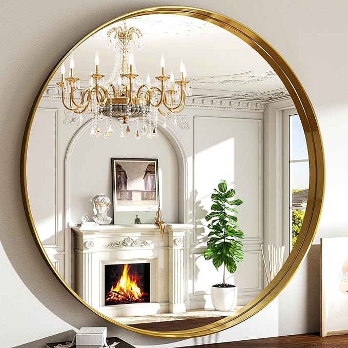 36 Inch Round Bathroom Mirror - Wall Mounted Circle Mirror with Metal Frame, Modern Mirror Suitable for Bathroom, Vanity, Entryway, Living Room, Wall Decor,Gold