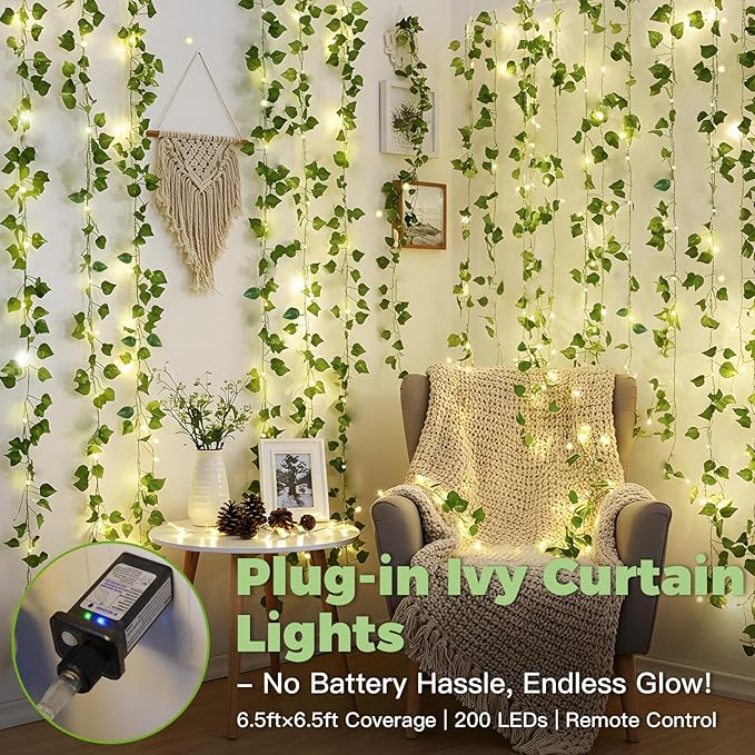 suddus 200 LED Vine with Light Plug in, 6.5ft x 6.5ft Pothos Fairy Curtain Lights with Remote, Leaf Fairy Lights for Wall,Bedroom, Dorm, Wedding, Party, Indoor Decor(Warm White)