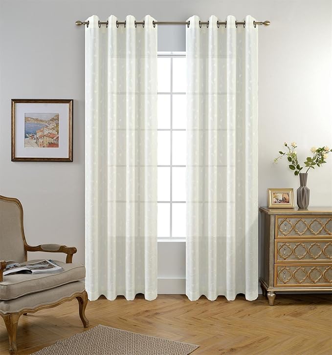 MIUCO Floral Embroidered Semi Sheer Curtains Faux Linen Grommet Curtain Panels for Living Room 52 x 95 Inch 1 Pair, Off White