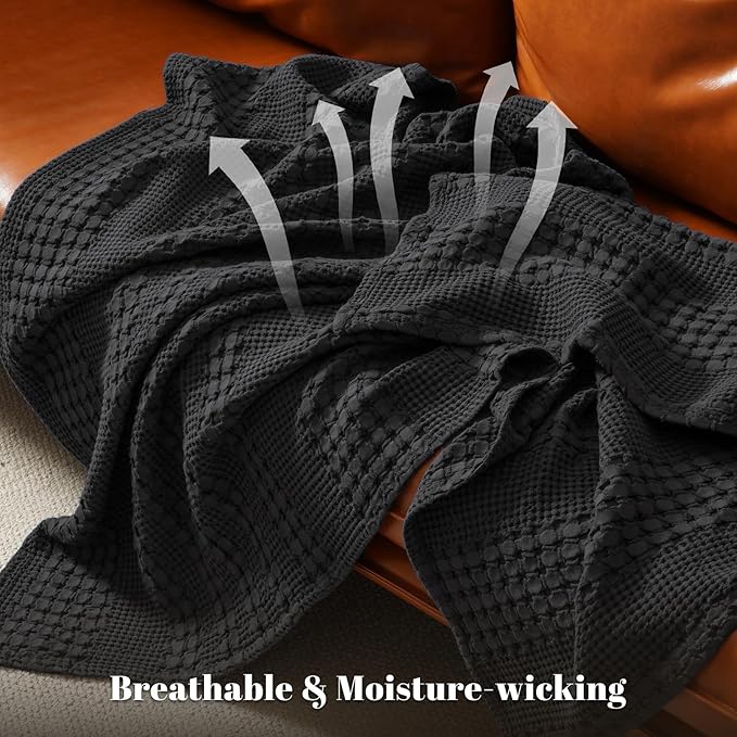 PHF 100% Cotton Waffle Weave Throw Blanket, Soft Lightweight Breathable Cozy Summer Throws for Couch Bed Sofa, Luxury Aesthetic Woven Blanket for Home Decor & Office, 50"x60", Black