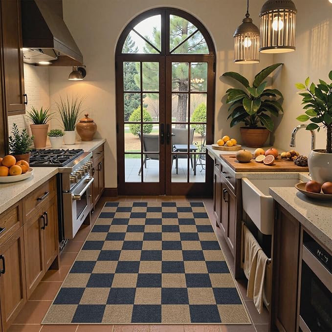 Lahome Checkered Easy Jute Indoor Outdoor Carpet, 3x5 Washable Rugs for Entryway Living Room Farmhouse Area Rug, Non Slip Blue Checkerboard Indoor Door Mat for Entry Patio Deck