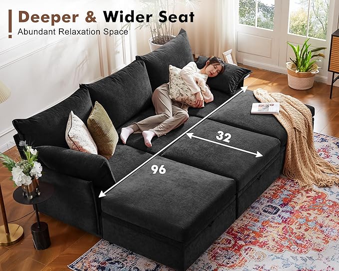 102.6" Modular Sectional Sofa, Oversized 3-Seater Couch with Removable Black Chenille Fabric Cover, Deep Seat & High Backrest for Living Room, Office & Apartment