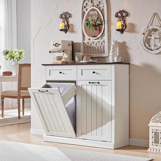 Double Tilt Out Laundry Hamper Cabinet, 20 Gallon Farmhouse Trash Can Cabinet with Drawer, Hidden Wood Garbage Can Bin Cabinets with Laundry Storage Basket for Bathroom, Kitchen (Antique White)