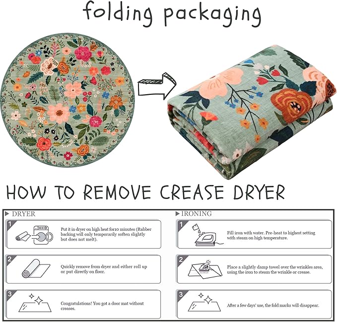 Round Rug 4ft Washable Circle Rug Non Slip Low Pile Boho Floral Small Circular Rug for Bedroom, Bathroom, Entryway, Kids Room, Office, College Dorm(Green)