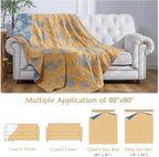 jinchan Boho 100% Cotton Muslin Queen Size 80x90 Inches Blanket Lightweight 4-Layer Quilted Soft Yellow and Blue Floral Throw Blanket Reversible Comfy Flower Rustic All Seasons Couch Bedroom Decor