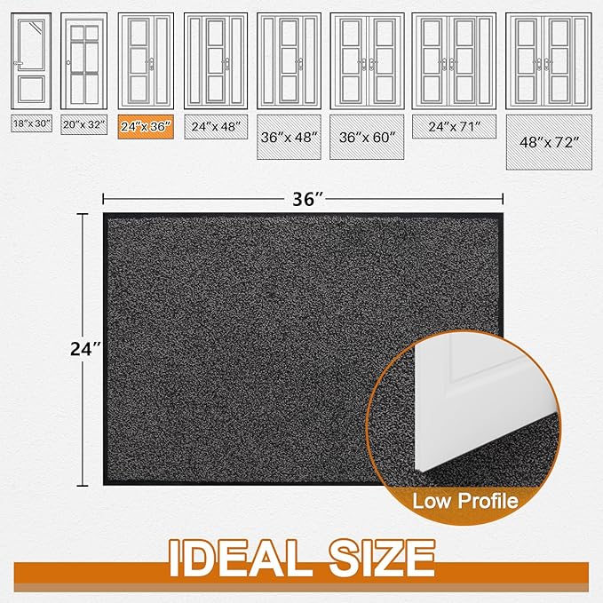 Mibao Front Door Mat, Dirt Trapper Welcome Mat for Outdoor Indoor, Non-Slip Waterproof Doormat, Durable Machine Washable Low Profile Entry Rug for Back Door Outside Patio Porch, 36" x 24", Grey