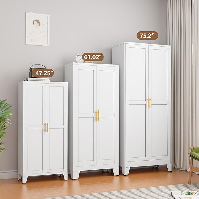 Metal Kitchen Pantry Storage Cabinet with 2 Doors and 3 Adjustable Shelves,Pantry Cabinet with Adjustable Leveling Foot for Kitchen, Living Room, Dining Room（White）