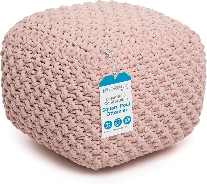 BIRDROCK HOME Square Pouf Ottoman | Cotton Braided Foot Stool with Bean Bag Filling | Boho Foot Rest for Living Room, Bedroom | Compact & Comfortable Seating, Lightweight & Sturdy | Dusty Rose