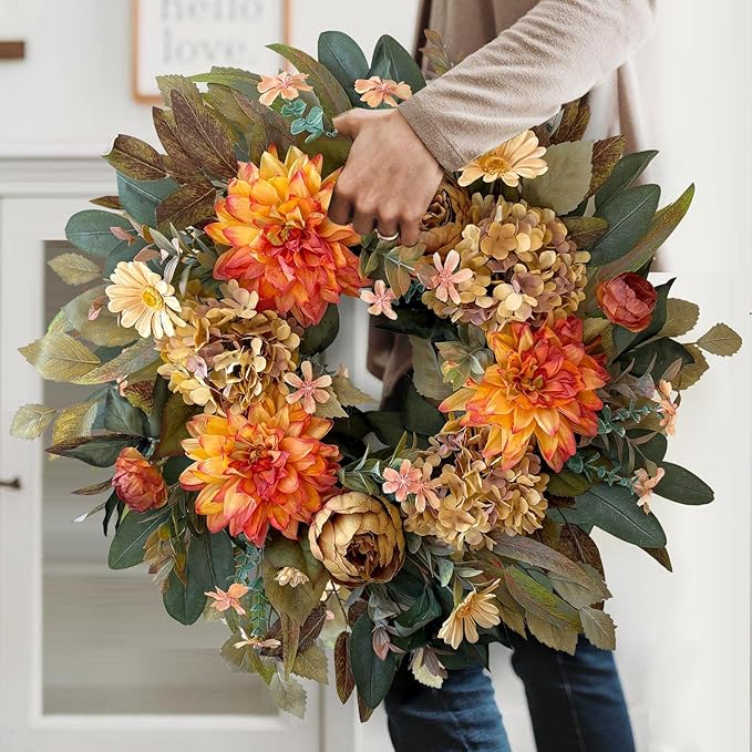 WANNA-CUL 24 Inch Spring Fall Wreaths for Front Door,Fall Wreath with Orange Hydrangea&Peony and Dahlia Flowers-Fall Decoration for Home-Large Fall Decor Door Wreath for Autumn,Harvest