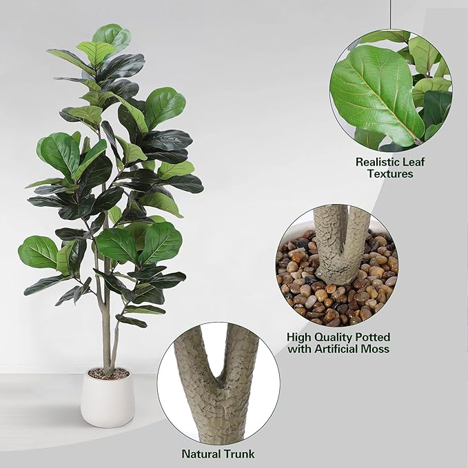 Artificial Fiddle Leaf Tree, 5ft Faux Plant Fake Ficus Lyrata Silk Trees with White Planter, Artificial Fig Trees Floor Plants for House Office Living Room Indoor Home Decor, Housewarming Gift