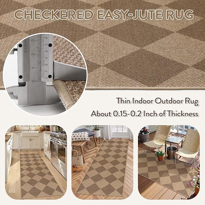 Lahome Checkered Easy Jute Runner Rug, 2x6 Kitchen Mats for Floor Non Slip Washable Entryway Runner, Checkerboard Nature Indoor Outdoor Carpet for Hallway 6ft Entry