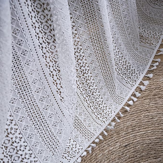 Sutuo Home White Crochet Boho Curtains 72 Inches Length, Sheer Lace Handmade Tassels Knitted Window Treatment Vintage Rustic Bohemian Farmhouse Drape for Bedroom Rod Pocket 1 Panel 59" W x 72" L