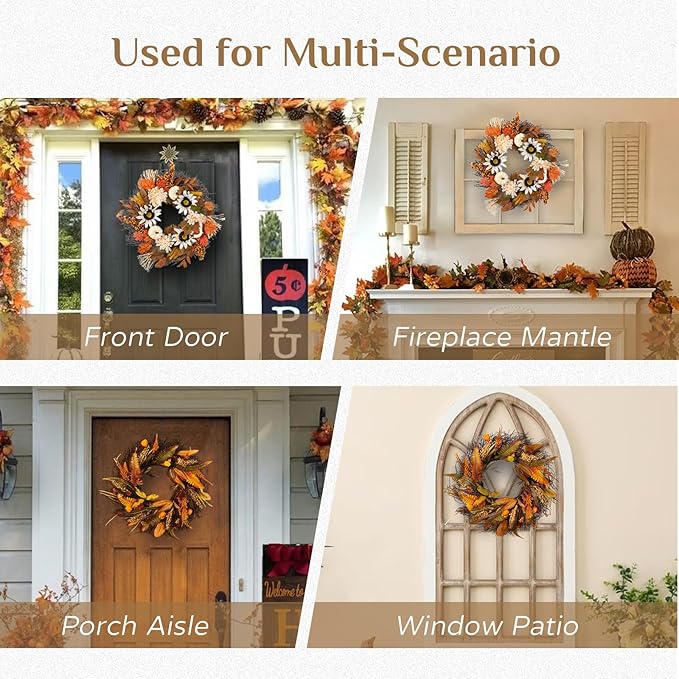 Fall Wreath for Thanksgiving Decorations 24inch - Walasis Large Wheat Wreaths for Front Door - Harvest Grain Gold Autumn Wall Decor for Indoor Outdoor