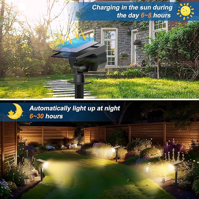 Solar Spot Lights Outdoor Waterproof IP65, 6 Pack Landscape Spotlights with 46 LEDs, 3 Modes Auto On/Off Solar Powered Flood Lights for Outside Pathway, Yard, Garden, Walkway (Warm White)