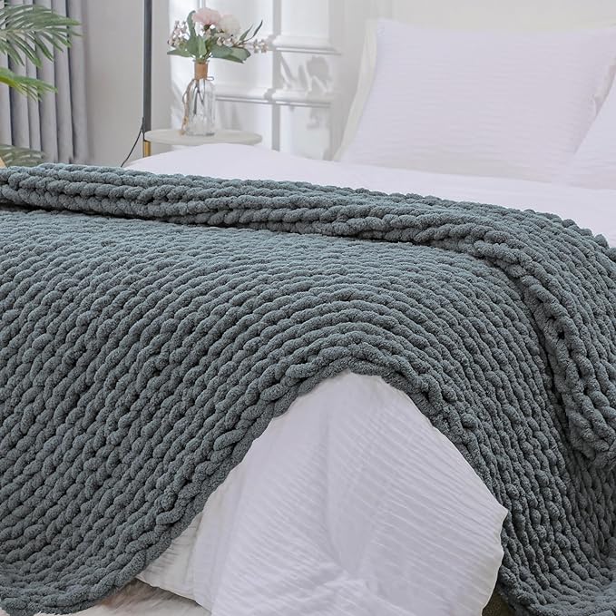 Bigacogo Chunky Knit Throw Blanket for Couch, 60x80 inches, 100% Hand Knitted with Thick Jumbo Chenille Yarn, Cozy Soft Large Rope Knot Cable Crochet Blankets for Sofa Bed Living Room, Iron Gray