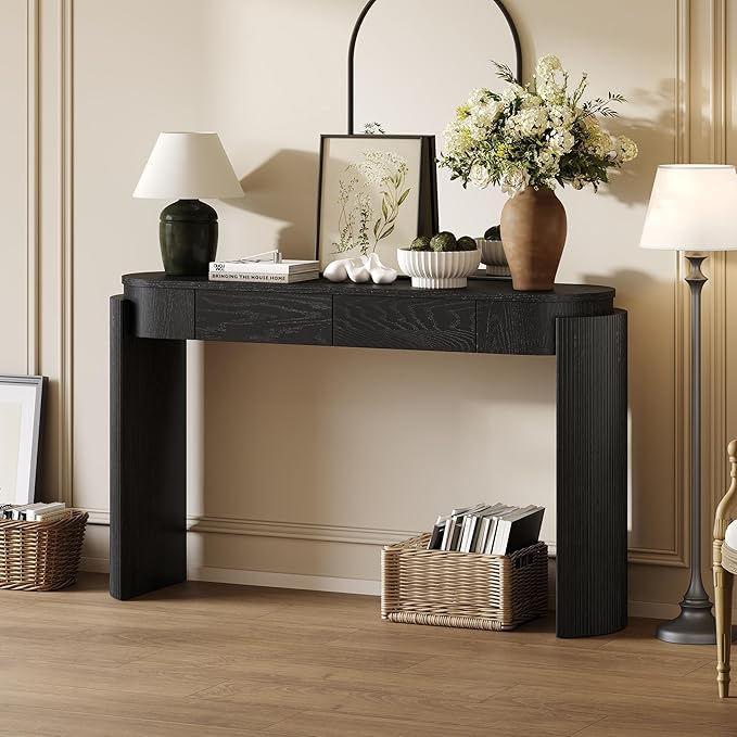 55" Sofa Table with Oval Top and 2 Drawers, Entryway Console Table with Fluted Design for Hallway,Foyer,Entry and Living Room (Fully Assembled-Black)