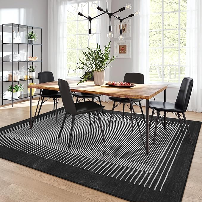 Wonnitar Striped Black Area Rugs 9x12 Living Room, Non-Slip Soft Berber Stripe Bedroom Rug, Low Pile Minimalist Floor Carpet for Dining Room Living Room Department (Black,9' x 12')