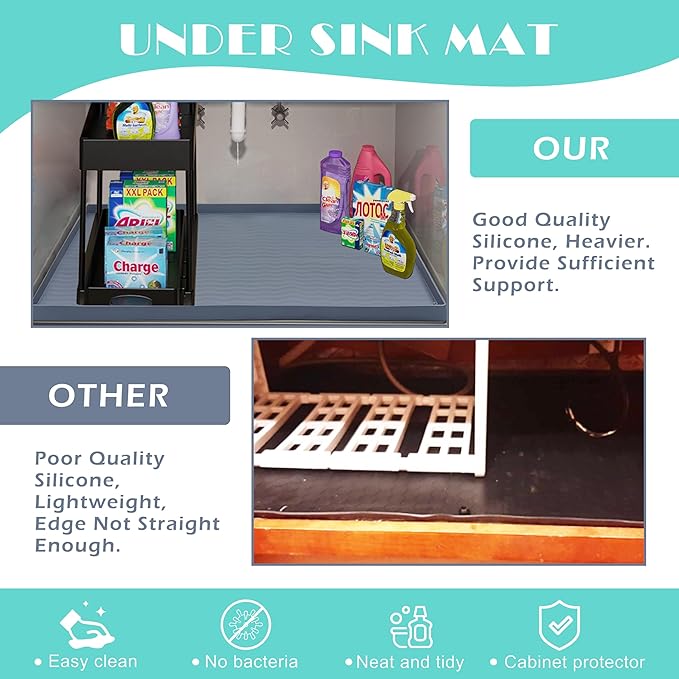 URMONA Waterproof Silicone Under Sink Mat 40'' x 22'' Shelf Liner for Kitchen and Bathroom, Cabinet and Counter Protector, Storage and Organizers, Litter Mat, Pet Cat Puppy Essentials(Light Grey)