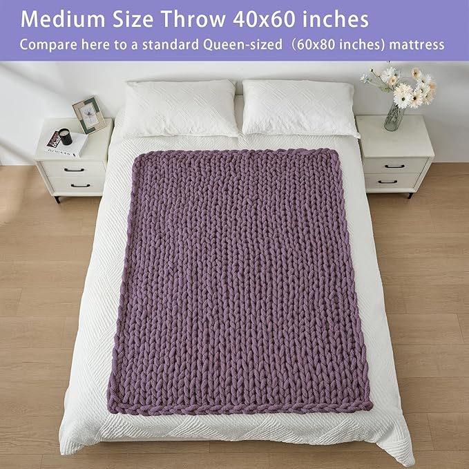 Bigacogo Chunky Knit Throw Blanket for Couch, 40x60 inches, 100% Hand Knitted with Thick Jumbo Chenille Yarn, Cozy Soft Large Rope Knot Cable Crochet Blankets for Sofa Bed Living Room, Winter Grape