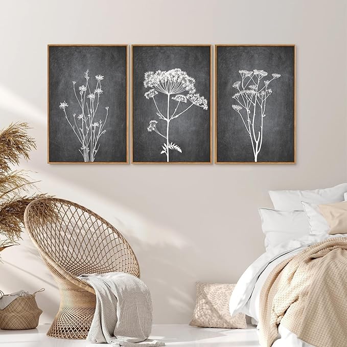 Tinonedraw Black and White Botanical Framed Canvas Wall Art Set, Vintage Floral Wall Decor, Dark Academia Minimalist Plant Art Paintings, Abstract Wildflower Art Print for Living Room Bedroom 16"x24"x3