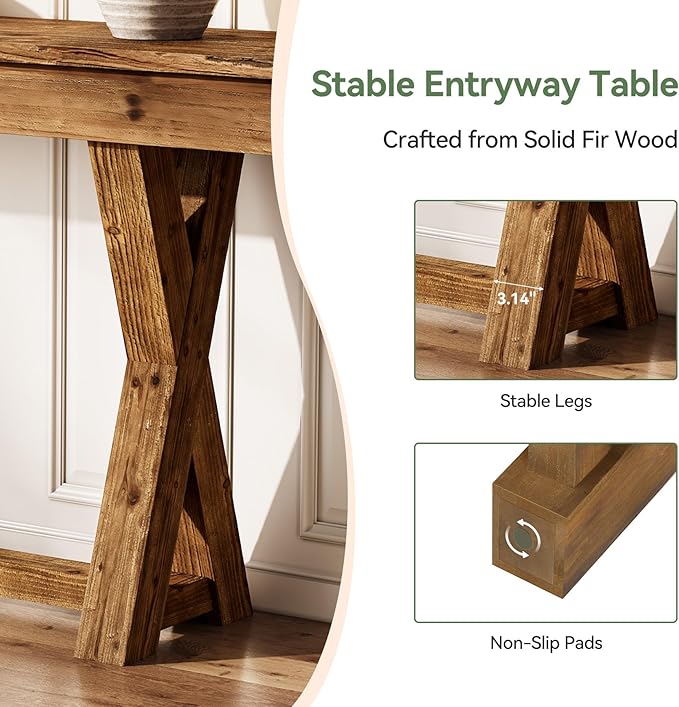 Solid Wood Console Table, 63-Inch Farmhouse Entryway Table with X-Shaped Legs, Real Wood Behind The Couch Table for Living Room, Entrance, Hallway, Easy Assembly