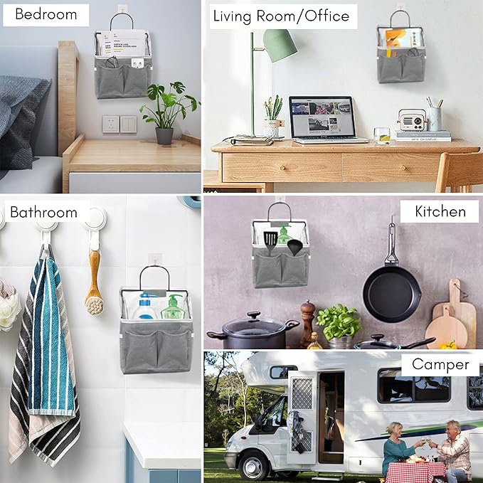3pcs Small Wall Hanging Organizer Bag, Linen Fabric Door Hanging Storage Basket with Pockets, Waterproof Bin for Kitchen, Bedroom, Office, RV Camper (Gray)