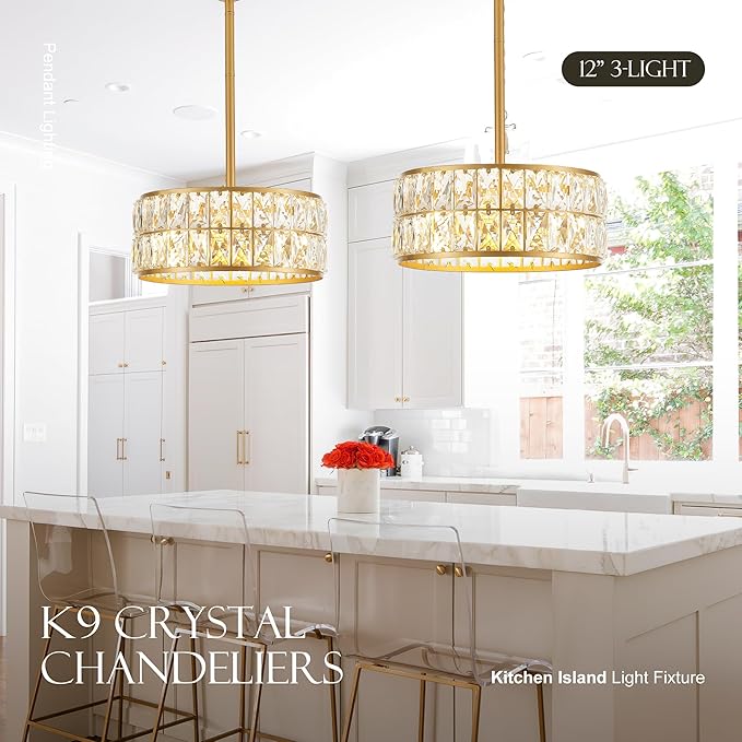 12” 3-Light Modern Crystal Chandeliers Gold Dinning Room Light Fixture, Round Pendant Light Kitchen Island Chandelier, Flush Mount Ceiling Light for Living Room Entryway Bedroom Foyer