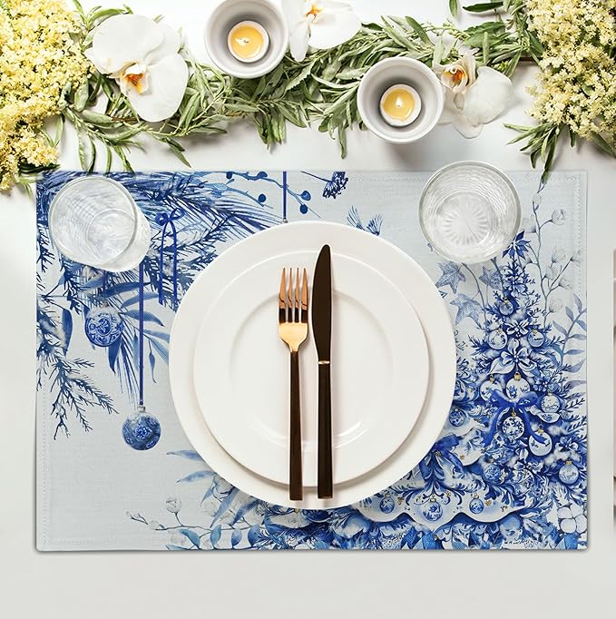 Blue and White Christmas Tree Placemats Set of 4, 12x18 Inch Chinoiserie Xmas Place Mats Winter Holiday Washable Linen Table Mats for Party Kitchen Dining Outdoor Indoor Decor