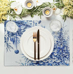 Blue and White Christmas Tree Placemats Set of 4, 12x18 Inch Chinoiserie Xmas Place Mats Winter Holiday Washable Linen Table Mats for Party Kitchen Dining Outdoor Indoor Decor