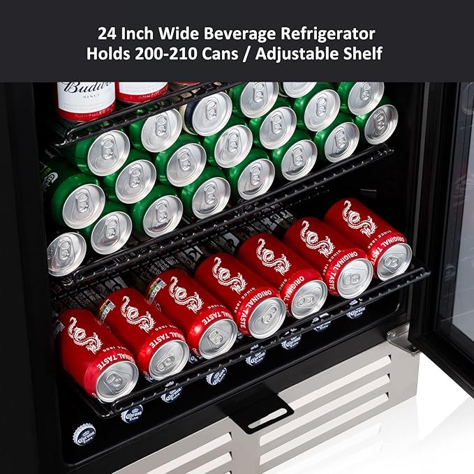 24 Inch Beverage Refrigerator Cooler,210 Cans Wide Beverage and Beer Fridge with Glass Door and Powerful Cooling Compressor, Built-in/Freestanding Drink Fridge for Kitchen, Bar or Office