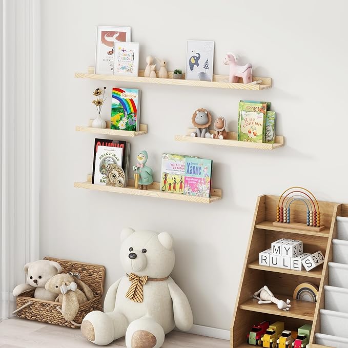 Picture Ledge Shelf for Wall, 24 inch Solid Pine Wood Nursery Book Shelves 2 Packs, Floating Ledge Shelves for Kids' Room Bedroom Bathroom Living Room Photo Frames Office Nursey Wall Decor, Natural